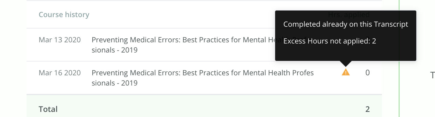 Example of a transcript displaying the same Medical Errors course that was completed on two separate dates. One of the courses displays 0 hours and a message indicates that it was already completed on this transcript.