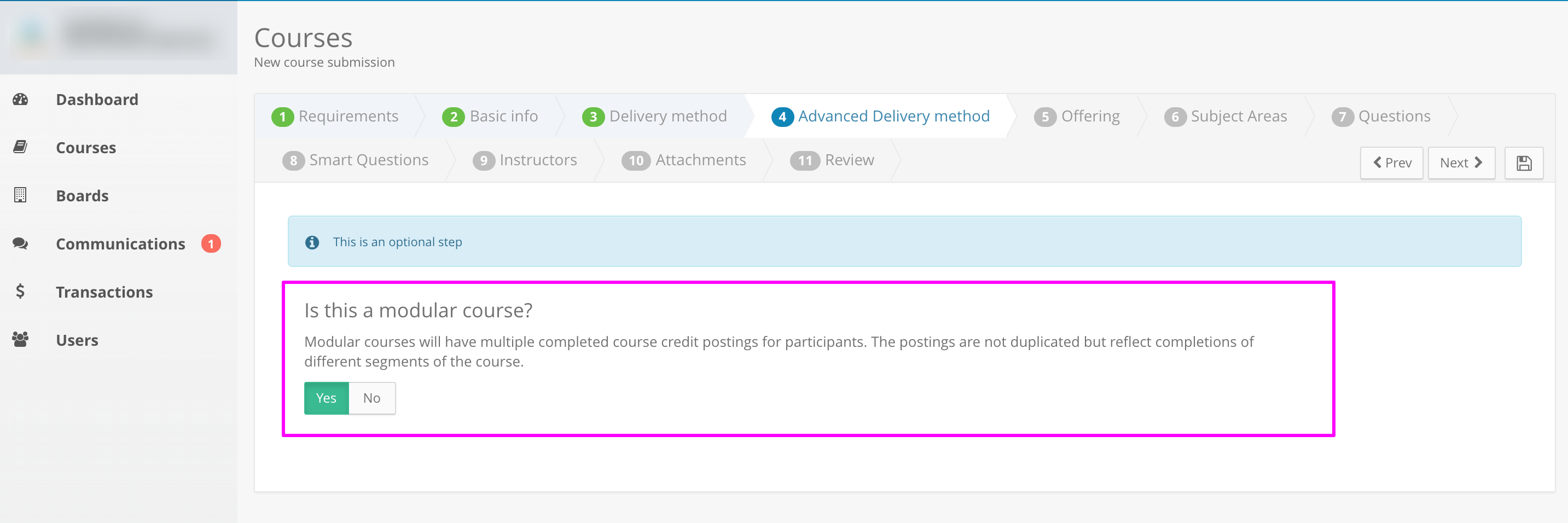 Screenshot of an example course application. The word Yes is highlighted under the modular course question.