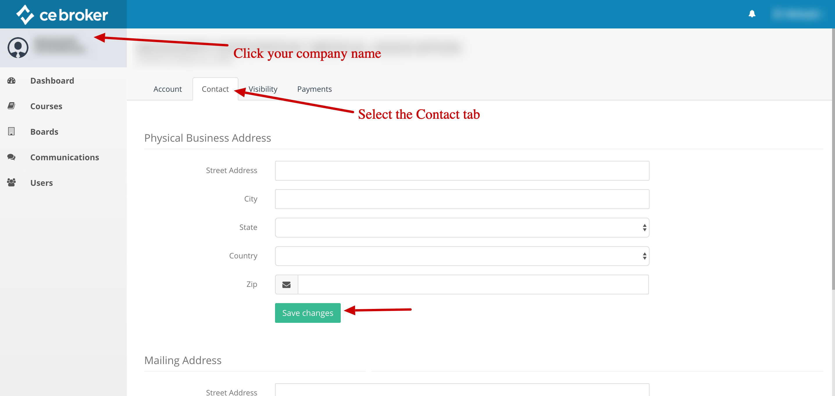 Screenshot of a provider account with arrows pointing to the company name, the contact tab, and a button that says Save Changes.