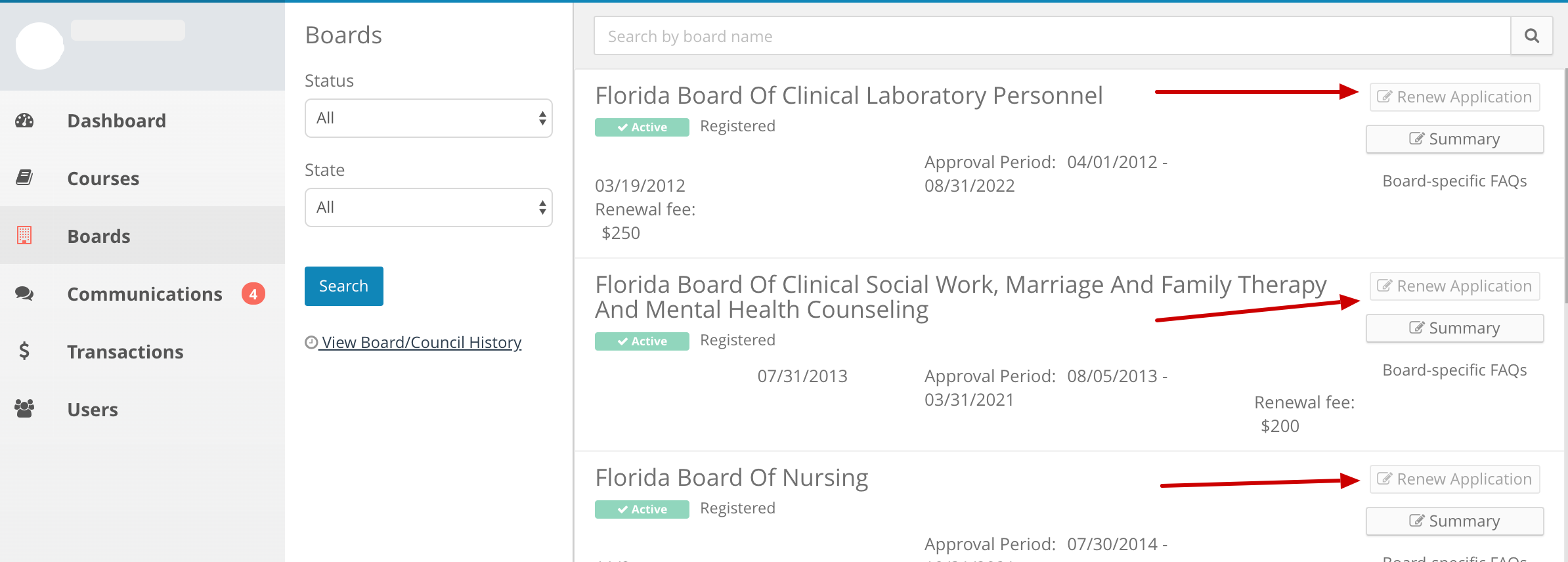 Screenshot of a provider account displaying the list of approving Boards. Arrows point to the Renew Application button next to each applicable board.