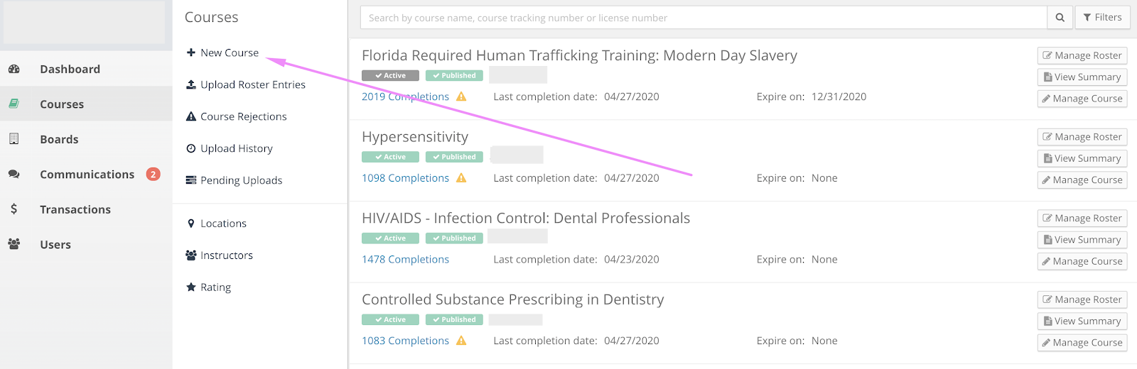 Screenshot of the provider course list page with an arrow pointing to the New Course link.