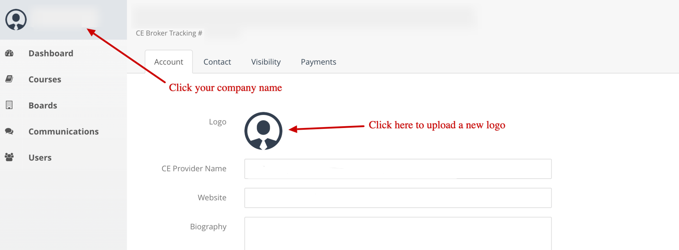 Screenshot of a Provider account with arrows pointing to the company name on the left and where to click to upload a new logo.