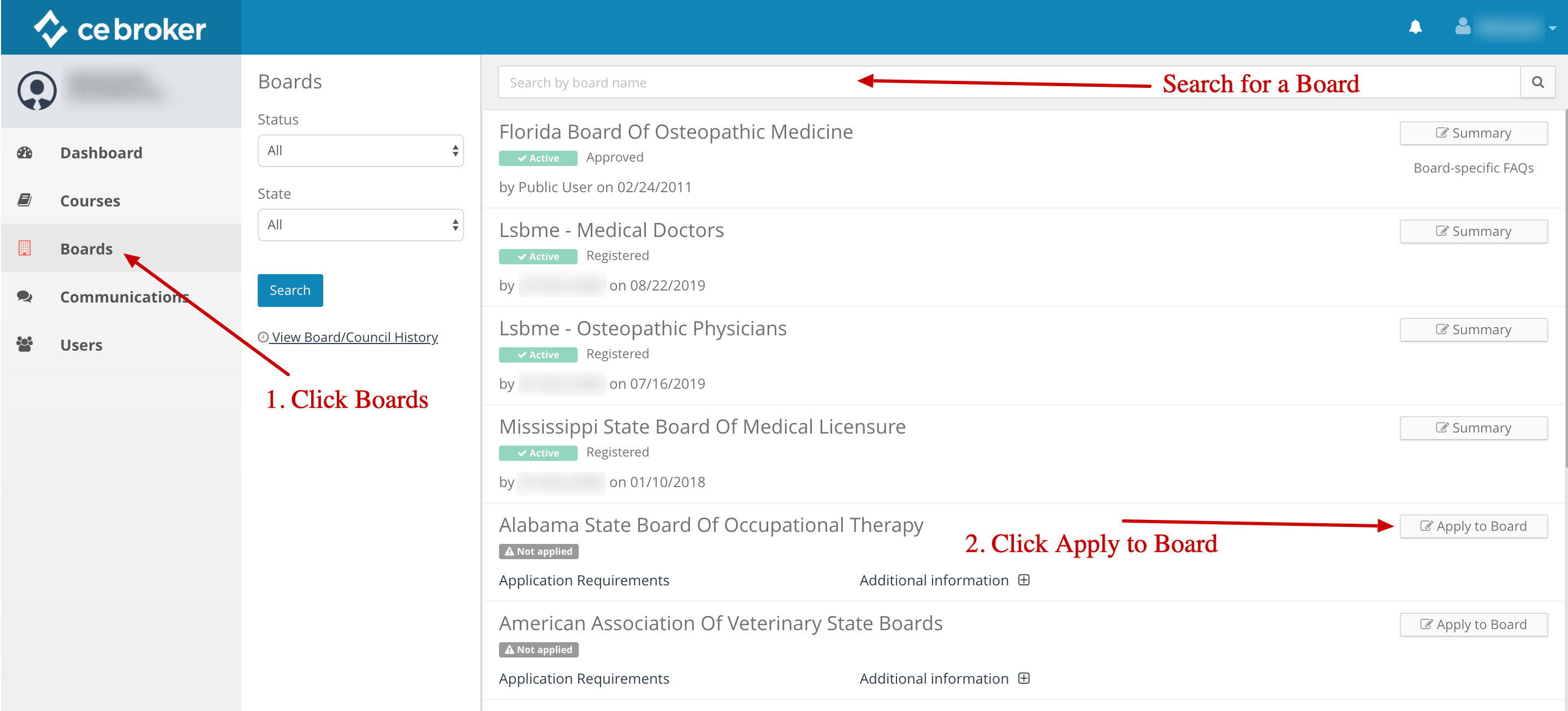 Screenshot of a provider account. An arrow points to the Boards link on the left. Another arrow indicates the search bar that can be used to search for boards. Another arrow points to a button that says Apply to Board.