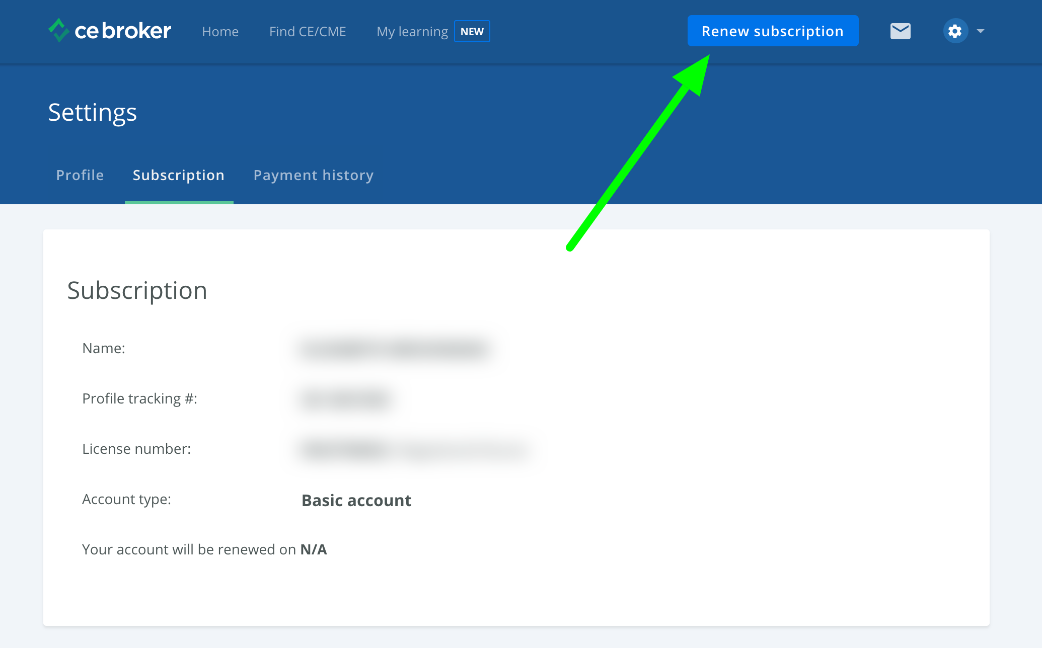 Screenshot of the subscription page with no button to edit the payment information. An arrow points to a button in the top right corner that says Renew Subscription.
