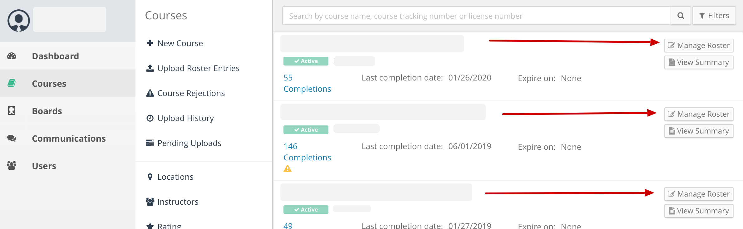 Screenshot of a provider course list page. Arrows point to the Roster buttons next to each course.