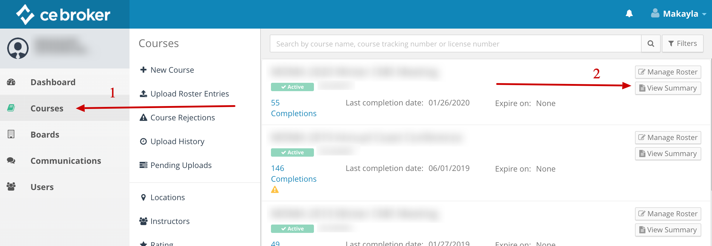 Screenshot of a provider account. An arrow points to the Courses link on the left. Another arrow points to a button that says View Summary.