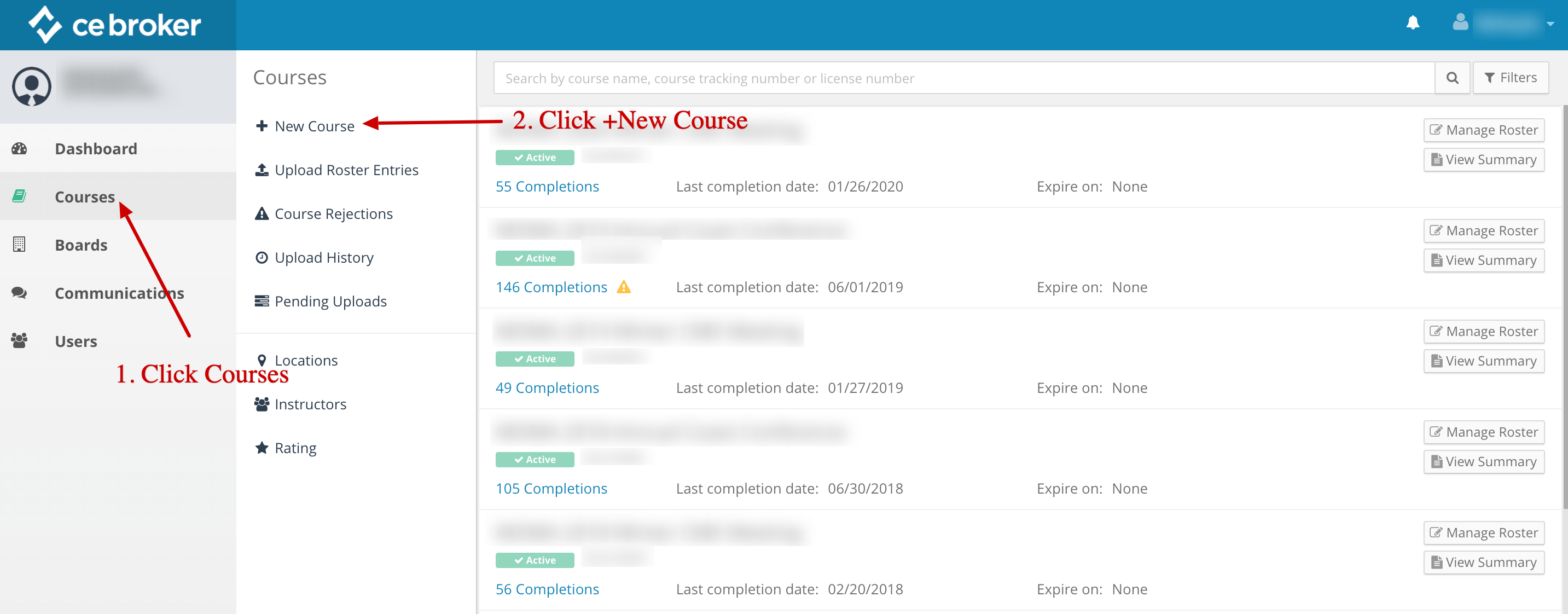 Screenshot of a provider account. An arrow points to the courses link on the left. Another arrow points to a link that says New Course.