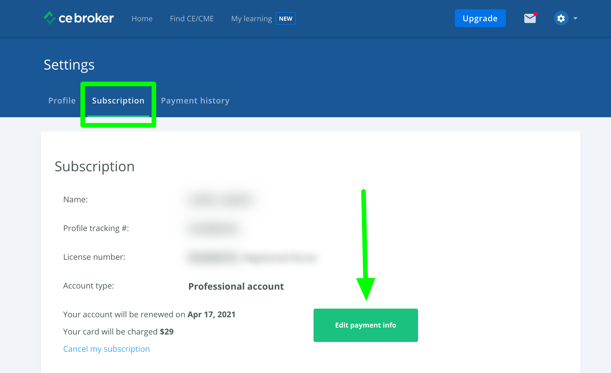 Screenshot of the settings page. The subscription tab is highlighted. An arrow points to a button that says Edit Payment Info.