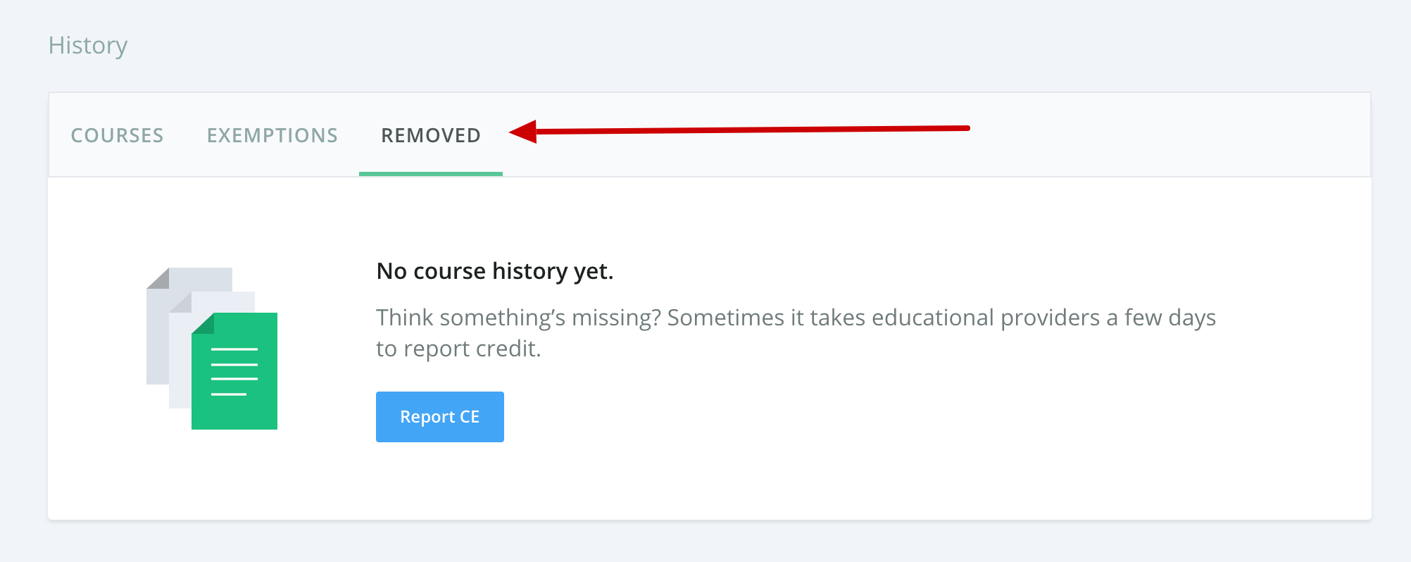 Screenshot of the course history with an arrow pointing to a tab that says Removed.